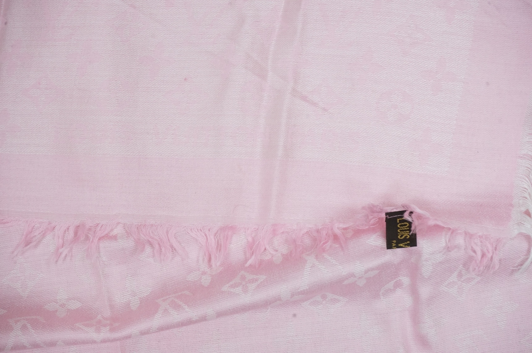 A Louis Vuitton silk Monogram Poodle Animalle Bandeau scarf and a pale pink Louis Vuitton fringed scarf